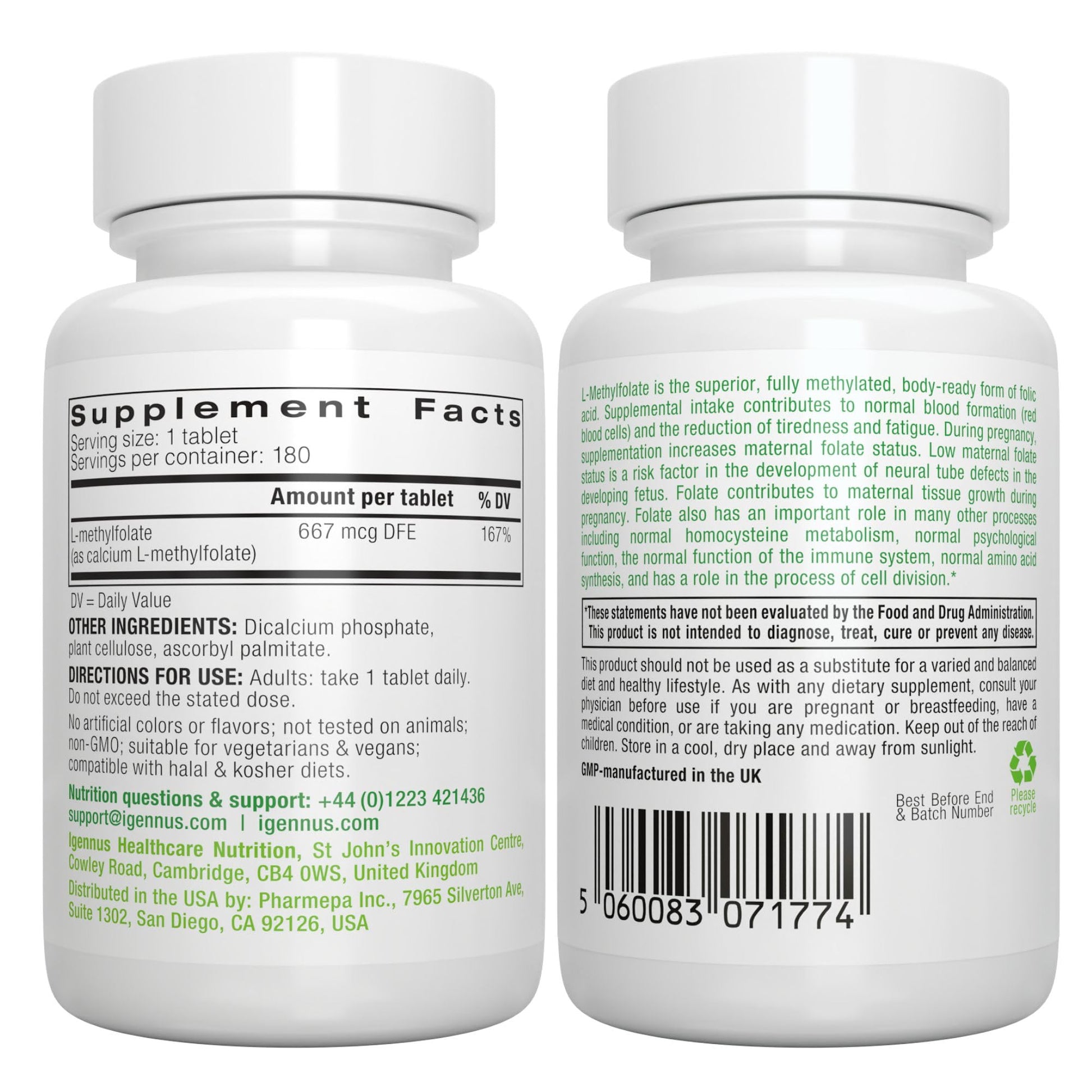 Igennus Pure Methyl Folate 400mcg prenatal and pregnancy support supplement bottle standing upright