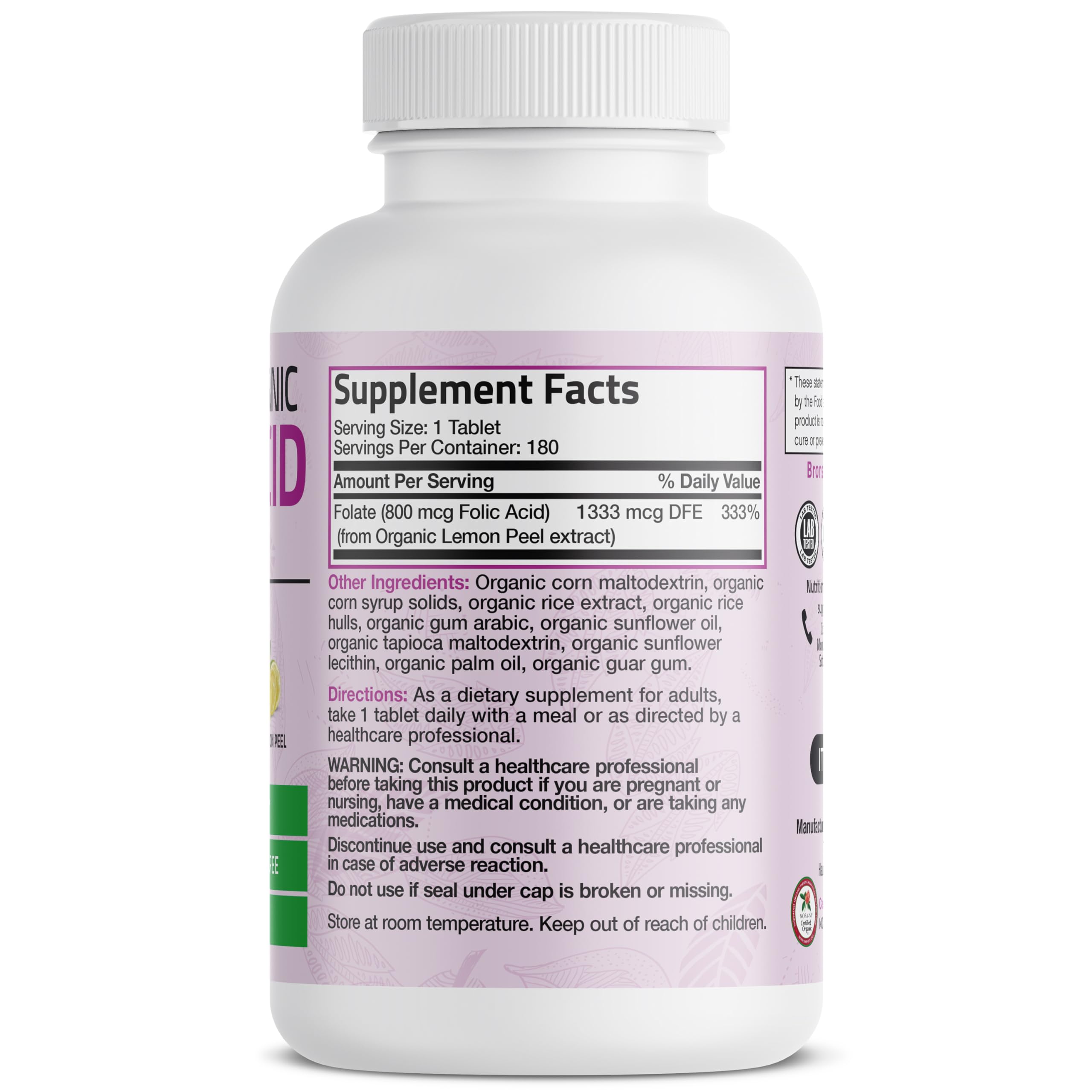 Bronson Organic Vitamin B9 Folate 180 vegetarian tablets label showing ingredients