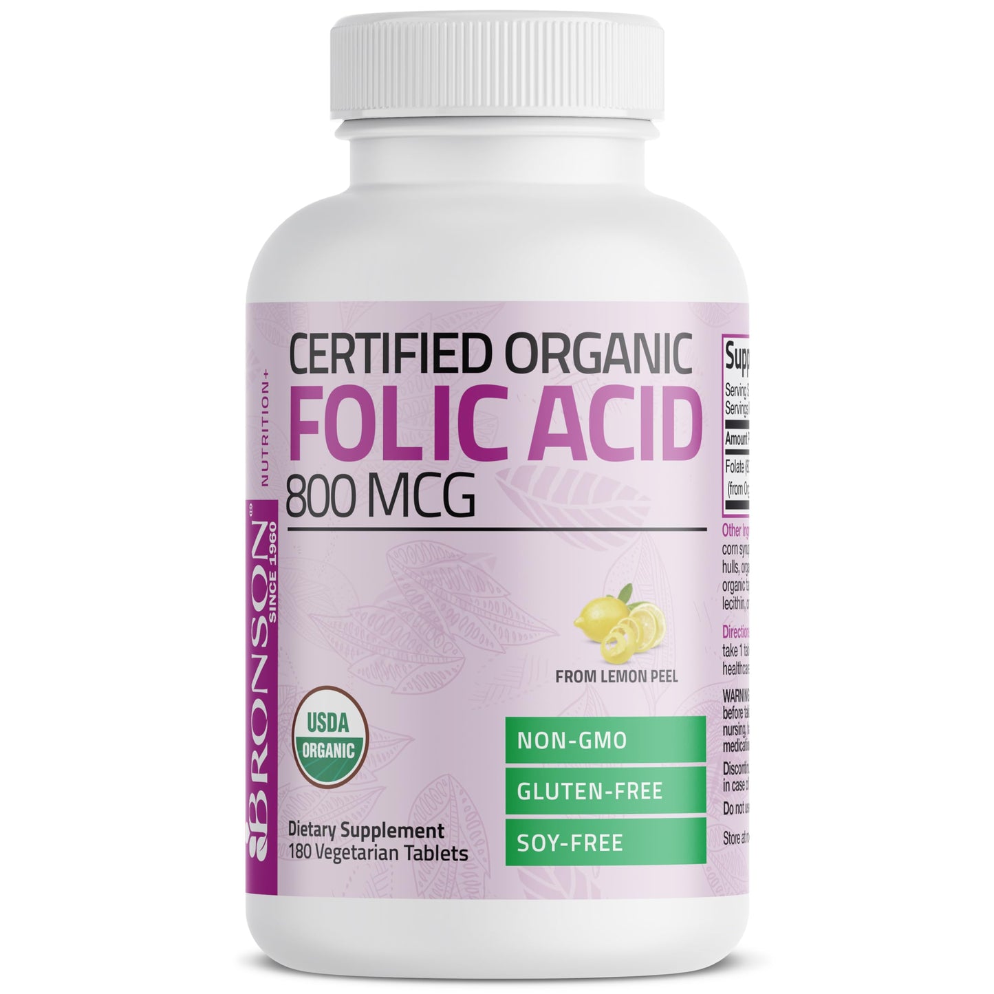 Bronson plant based folic acid from lemon peel certified organic seal