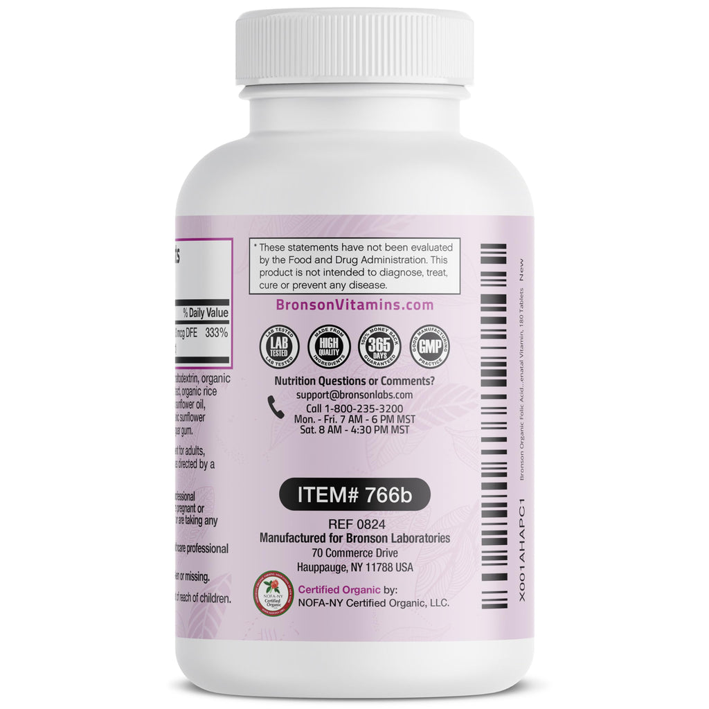 Bronson Folic Acid supplement facts panel showing 800 mcg serving details