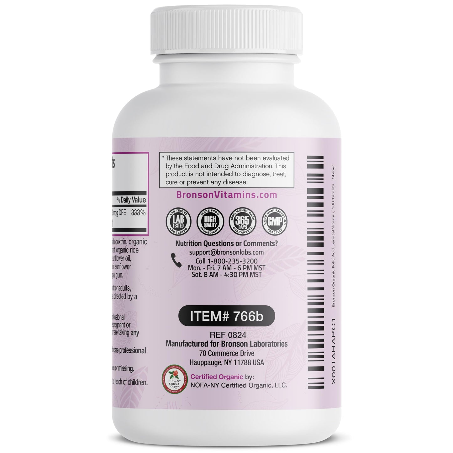 Bronson Folic Acid supplement facts panel showing 800 mcg serving details