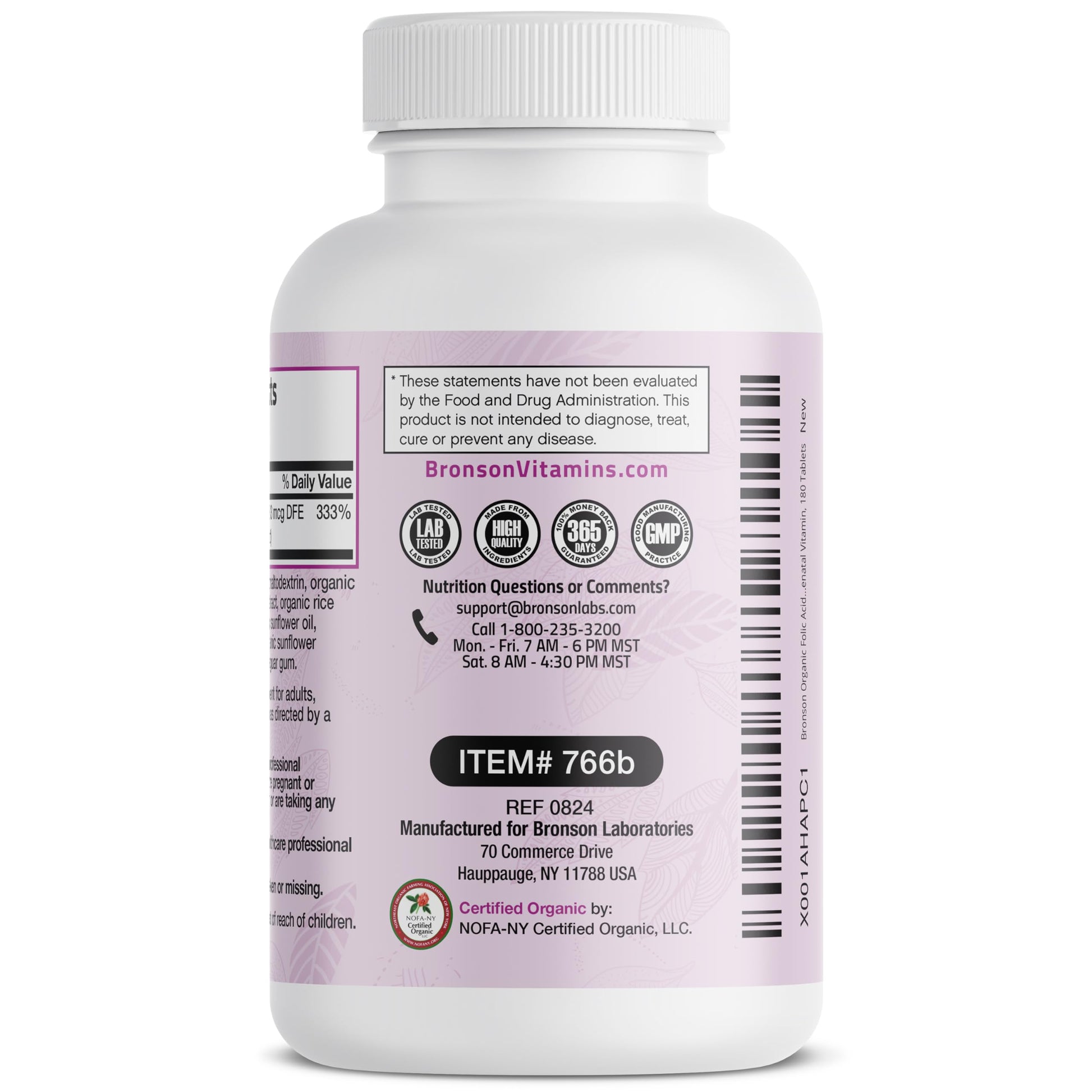 Bronson Folic Acid supplement facts panel showing 800 mcg serving details