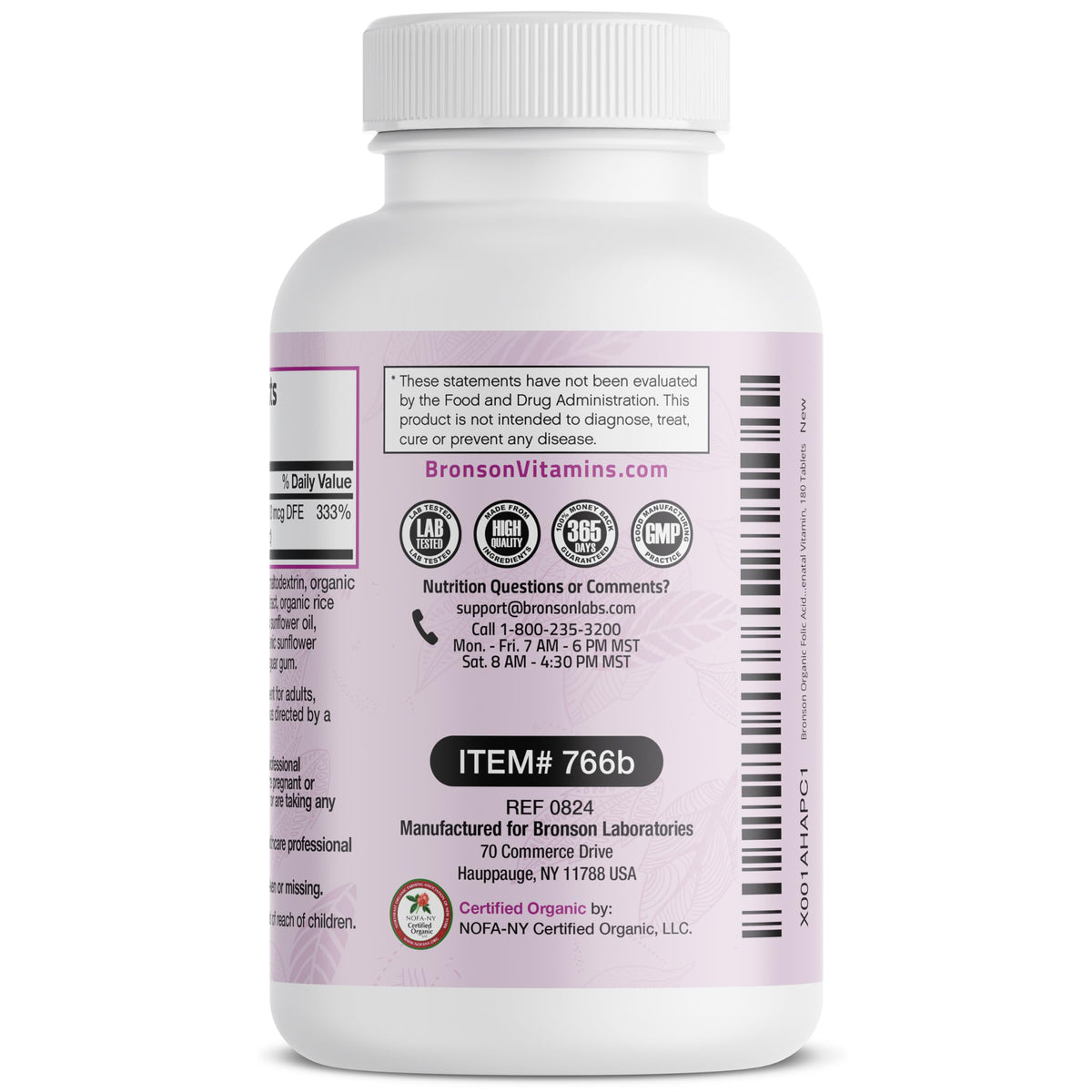 Bronson Folic Acid supplement facts panel showing 800 mcg serving details