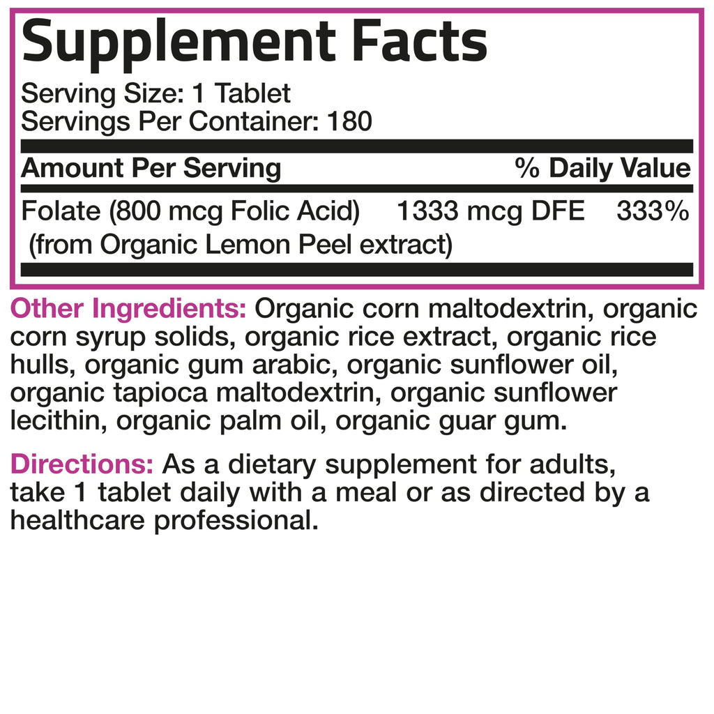 Bronson non GMO gluten free certified folate tablets side packaging description