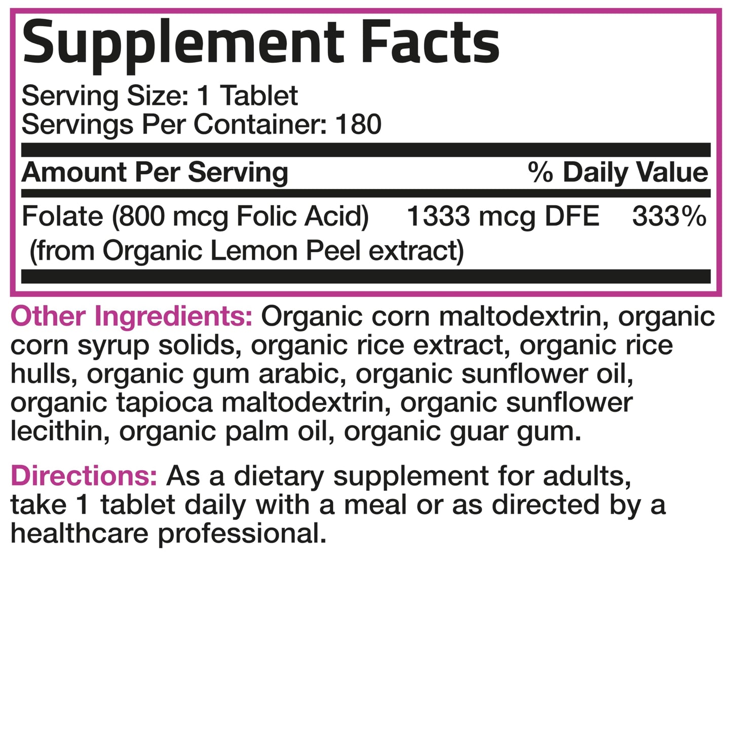 Bronson non GMO gluten free certified folate tablets side packaging description