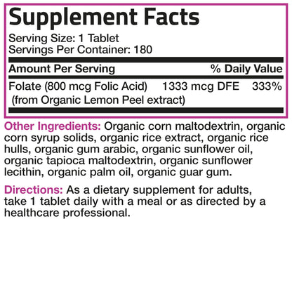 Bronson non GMO gluten free certified folate tablets side packaging description