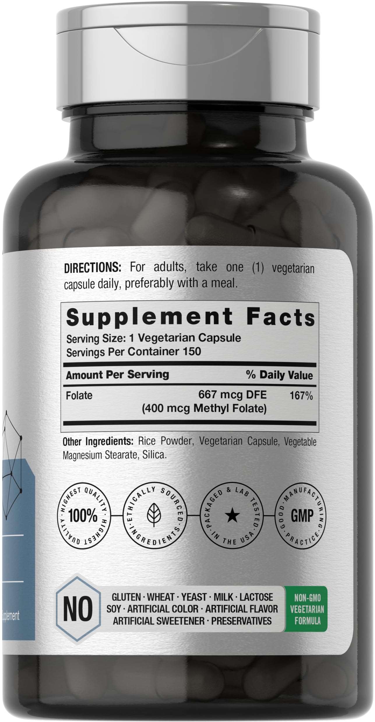 Horbäach L-Methylfolate 150 vegetarian capsules supplement facts and ingredient label view.
