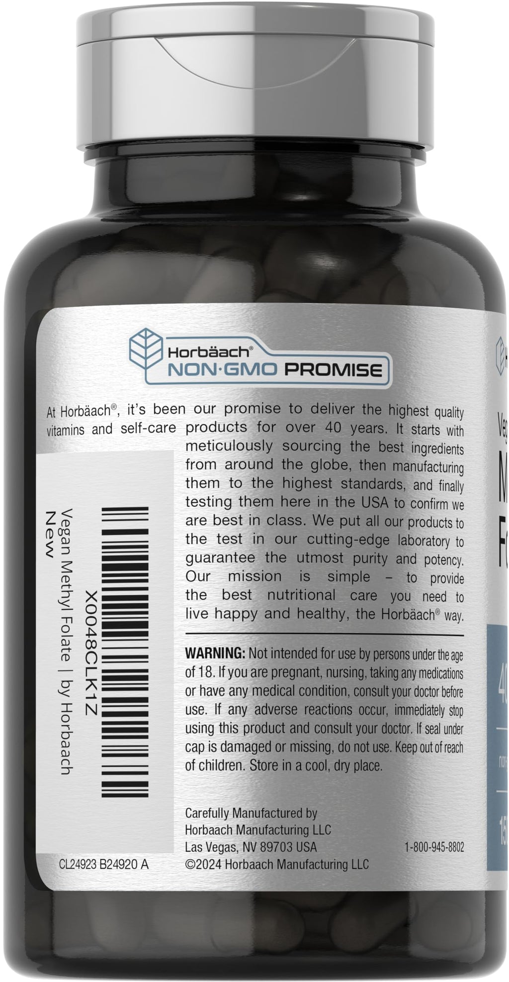 Side angle of Horbäach non-GMO active 5-MTHF folate dietary supplement bottle.