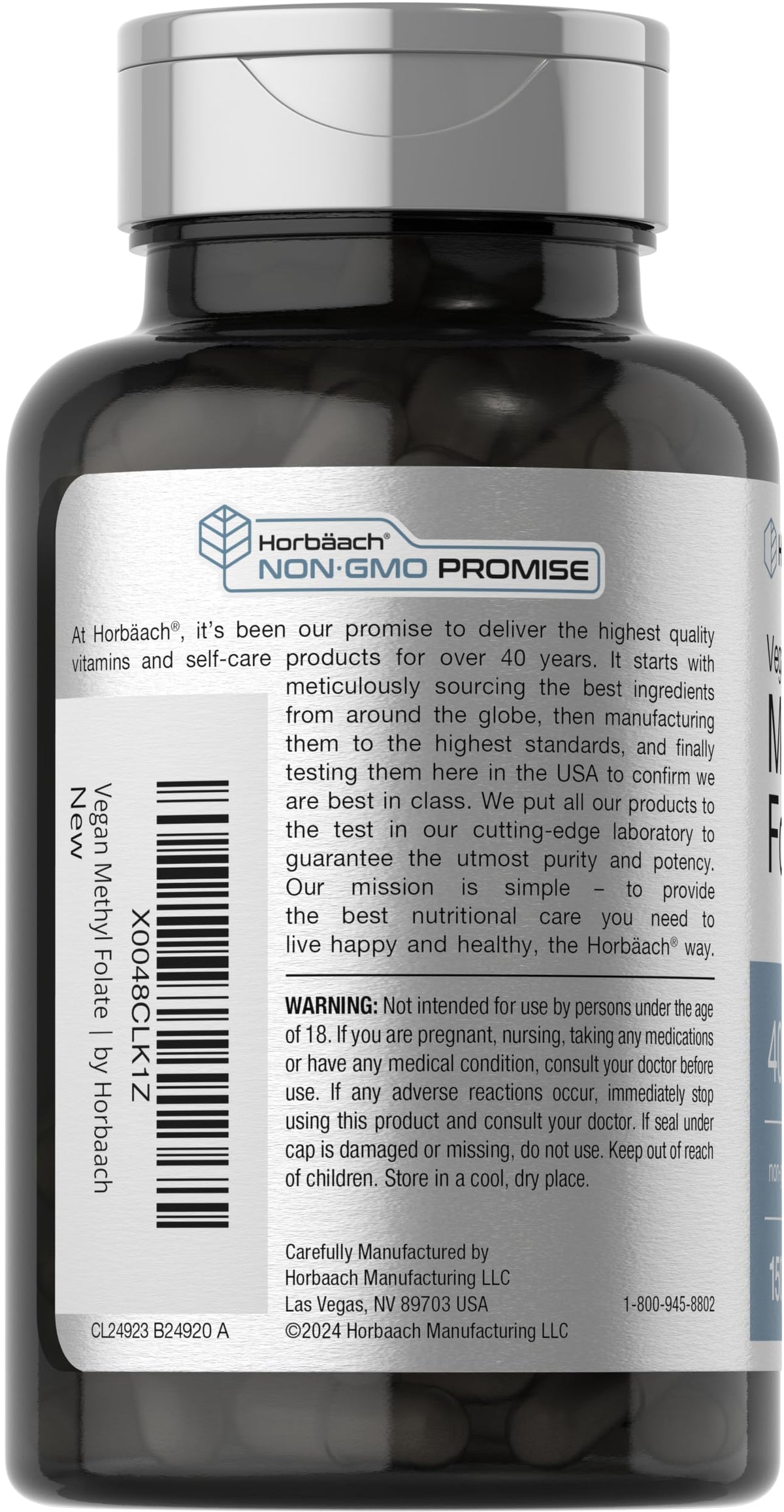 Side angle of Horbäach non-GMO active 5-MTHF folate dietary supplement bottle.