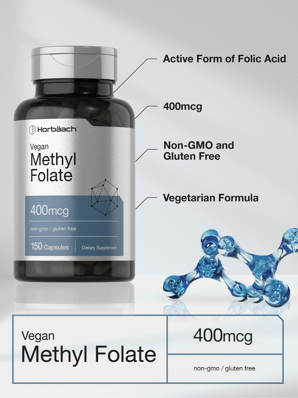 Horbäach vegan methyl folate bottle showing gluten-free and allergen-free certifications.