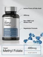Horbäach vegan methyl folate bottle showing gluten-free and allergen-free certifications.