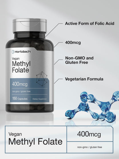 Horbäach vegan methyl folate bottle showing gluten-free and allergen-free certifications.
