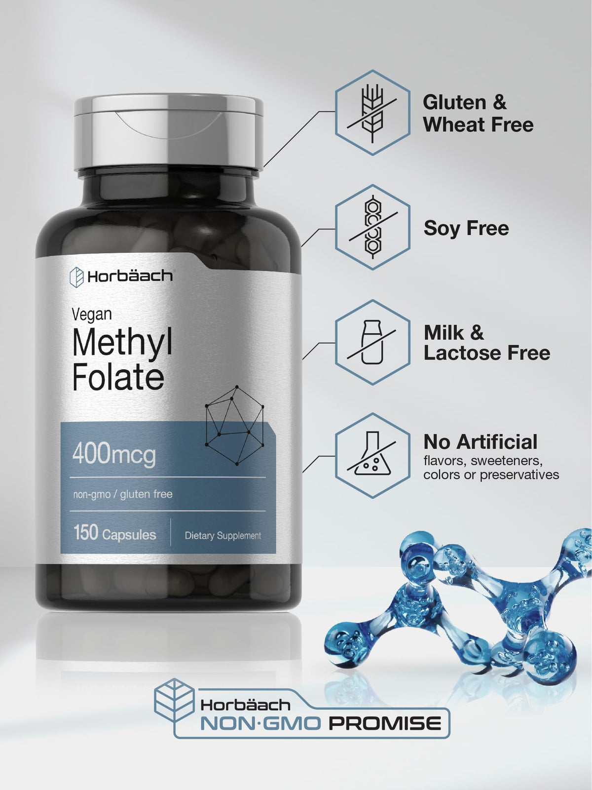 Close-up of the plant-based capsules from the Horbäach Vitamin B9 supplement bottle.