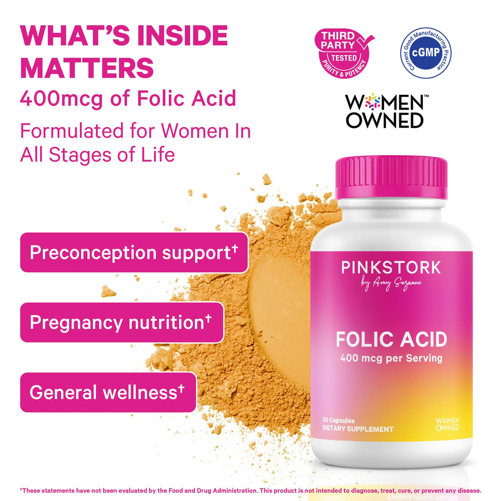 Pink Stork Vitamin B9 daily supplement bottle highlighting the 400mcg serving size for prenatal health.