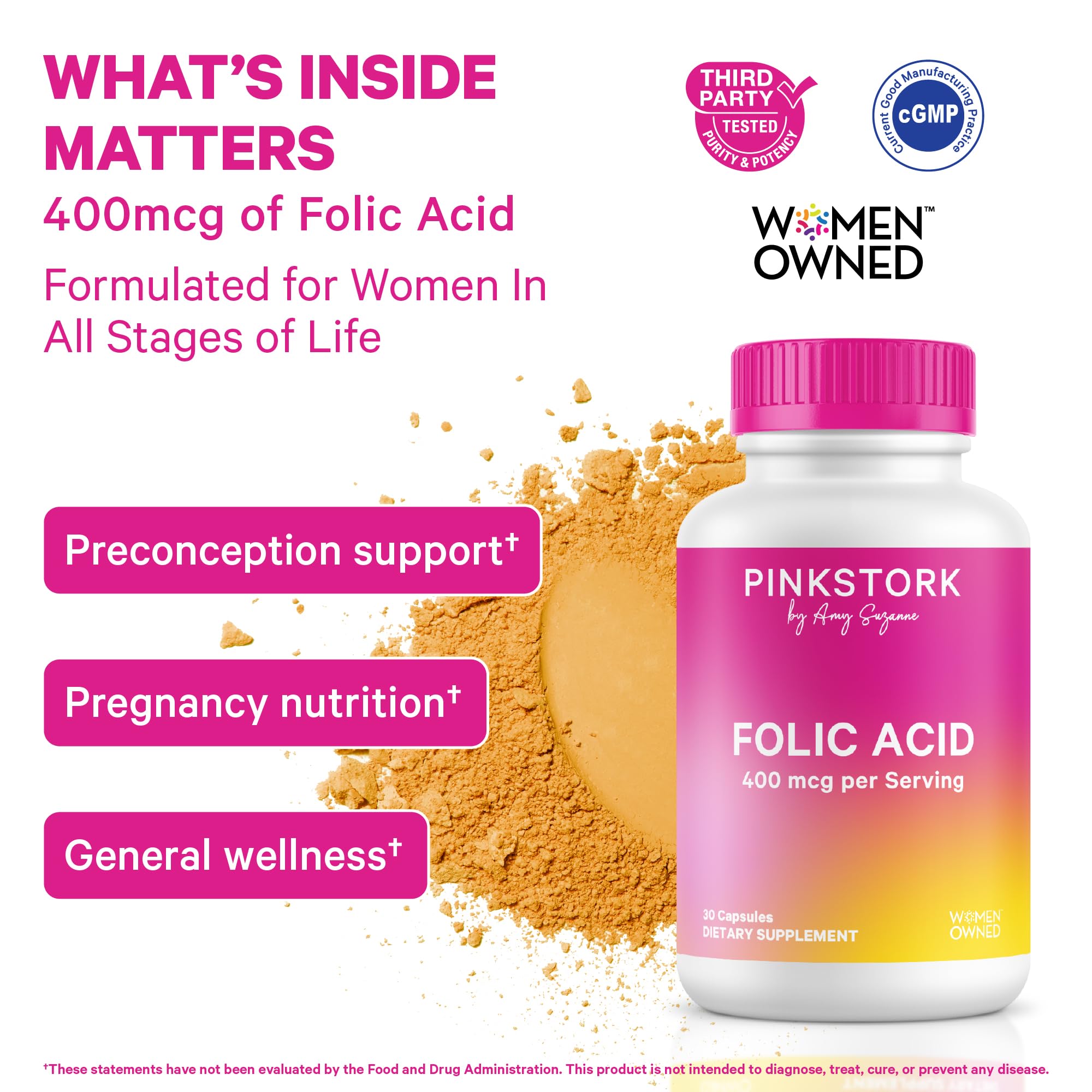 Pink Stork Vitamin B9 daily supplement bottle highlighting the 400mcg serving size for prenatal health.