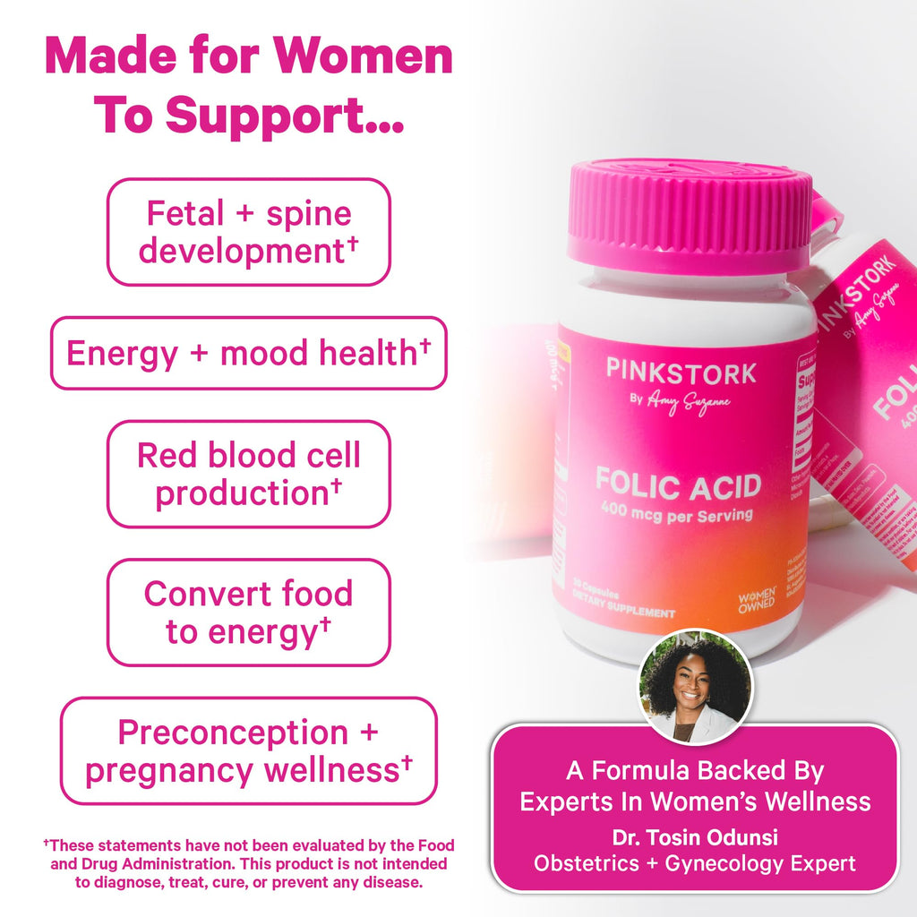 Side profile of Pink Stork Folic Acid 30 capsules packaging detailing the clean ingredients and supplement facts.