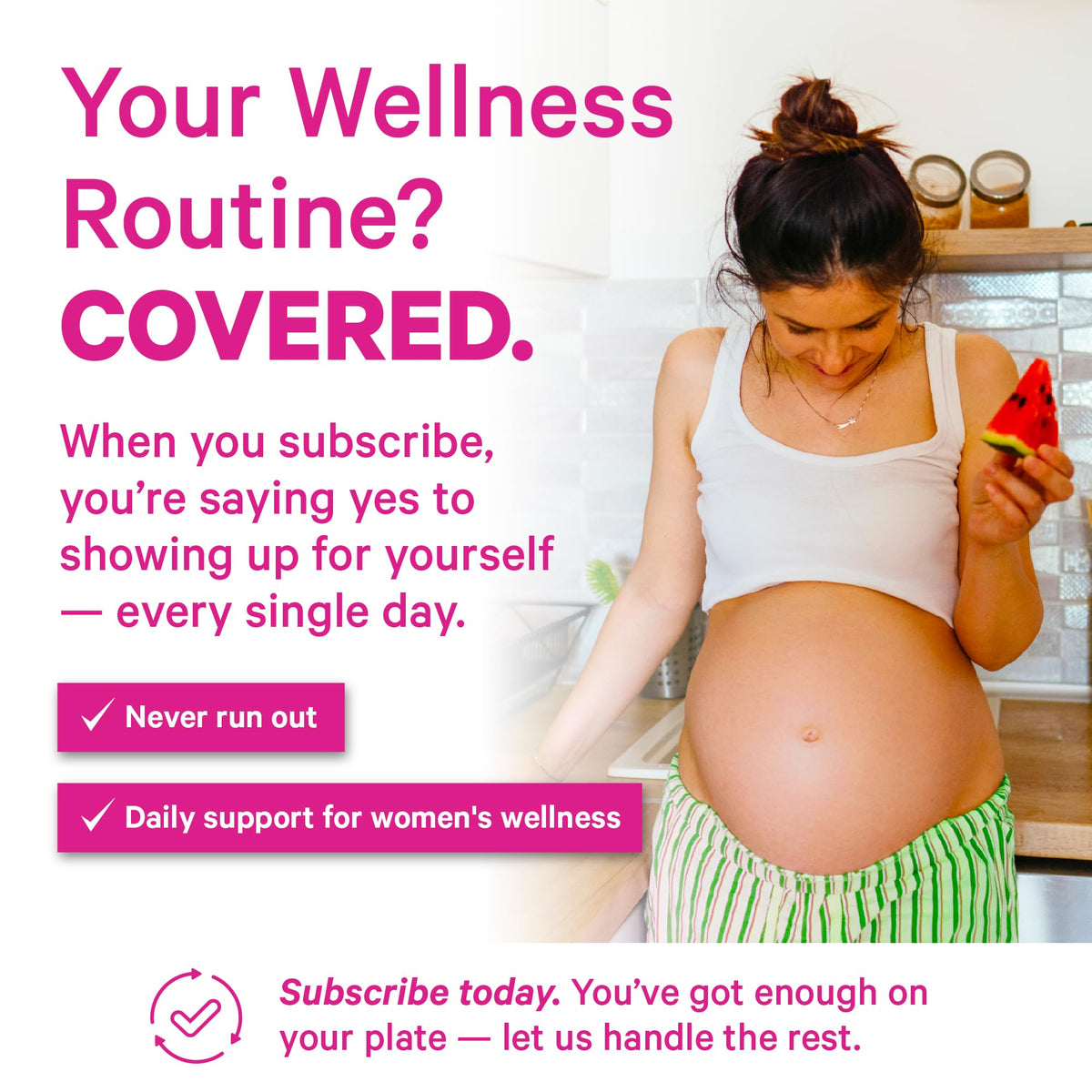 Authentic USA imported Pink Stork prenatal support dietary supplement showing the female owned business certification seal.