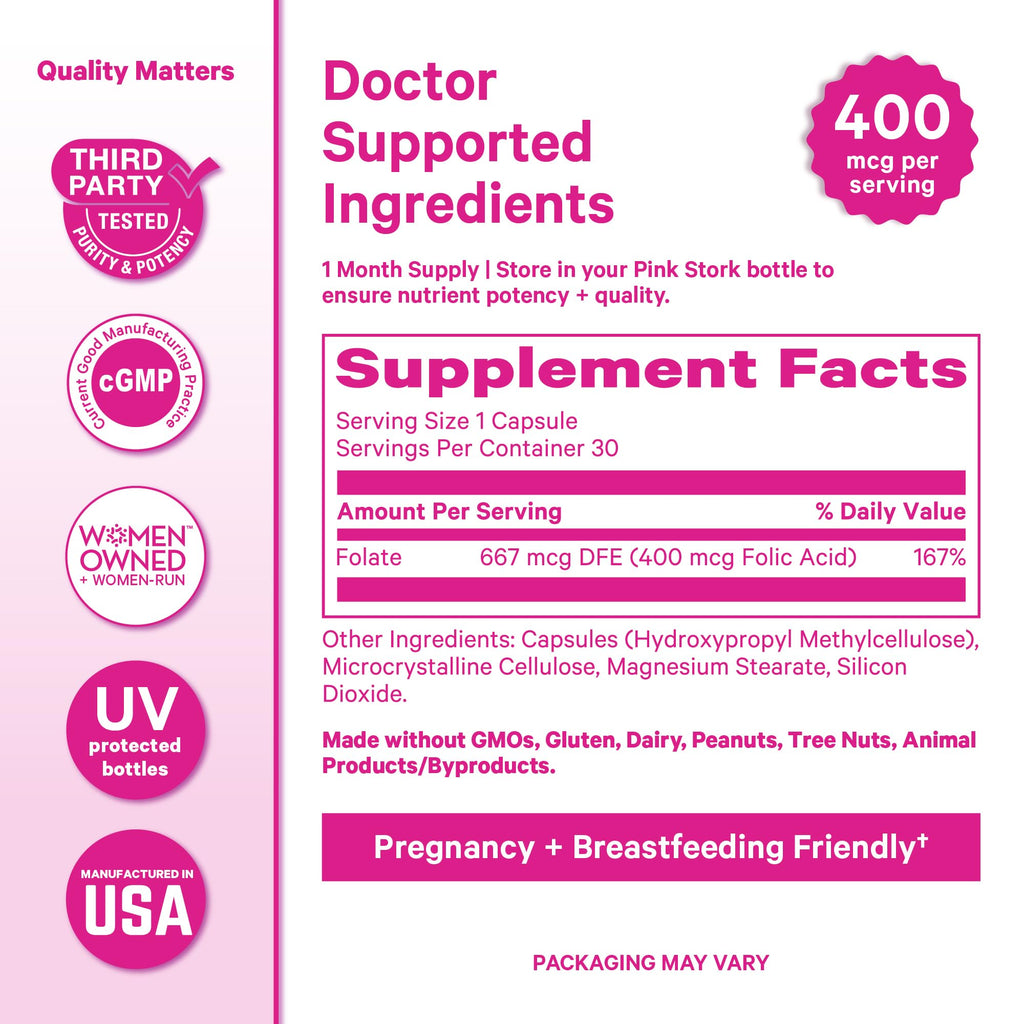 Close up view of Pink Stork daily Vitamin B9 supplement highlighting third party tested quality assurance.
