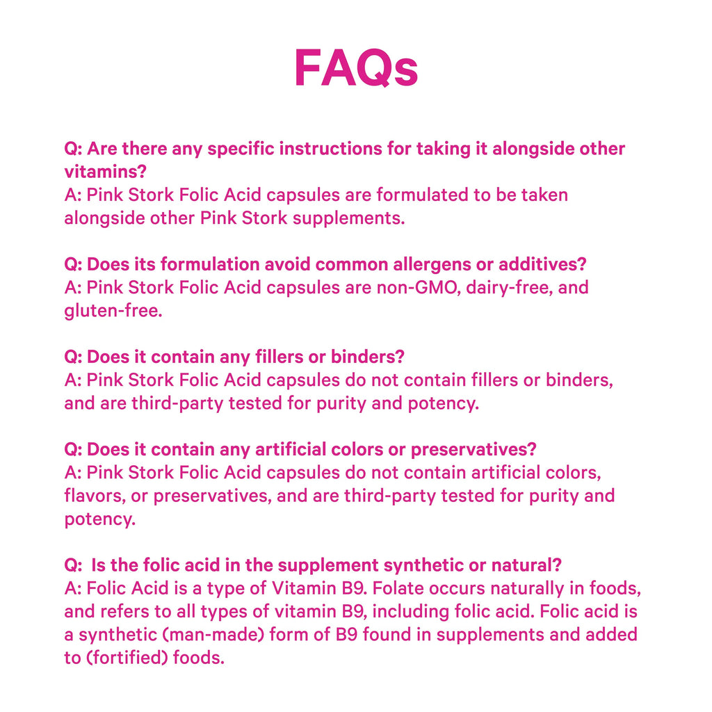 Full packaging view of Pink Stork Folic Acid showing thirty clean label vegetarian capsules for women.