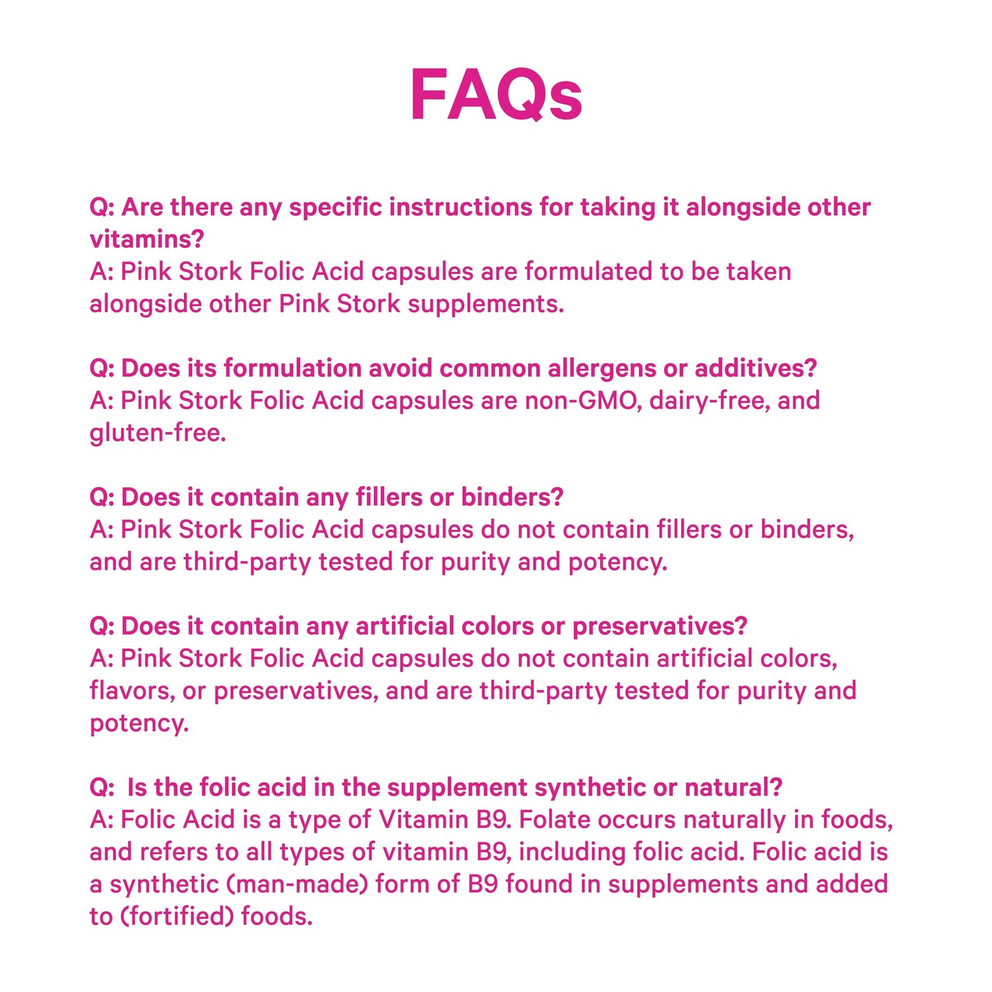 Full packaging view of Pink Stork Folic Acid showing thirty clean label vegetarian capsules for women.