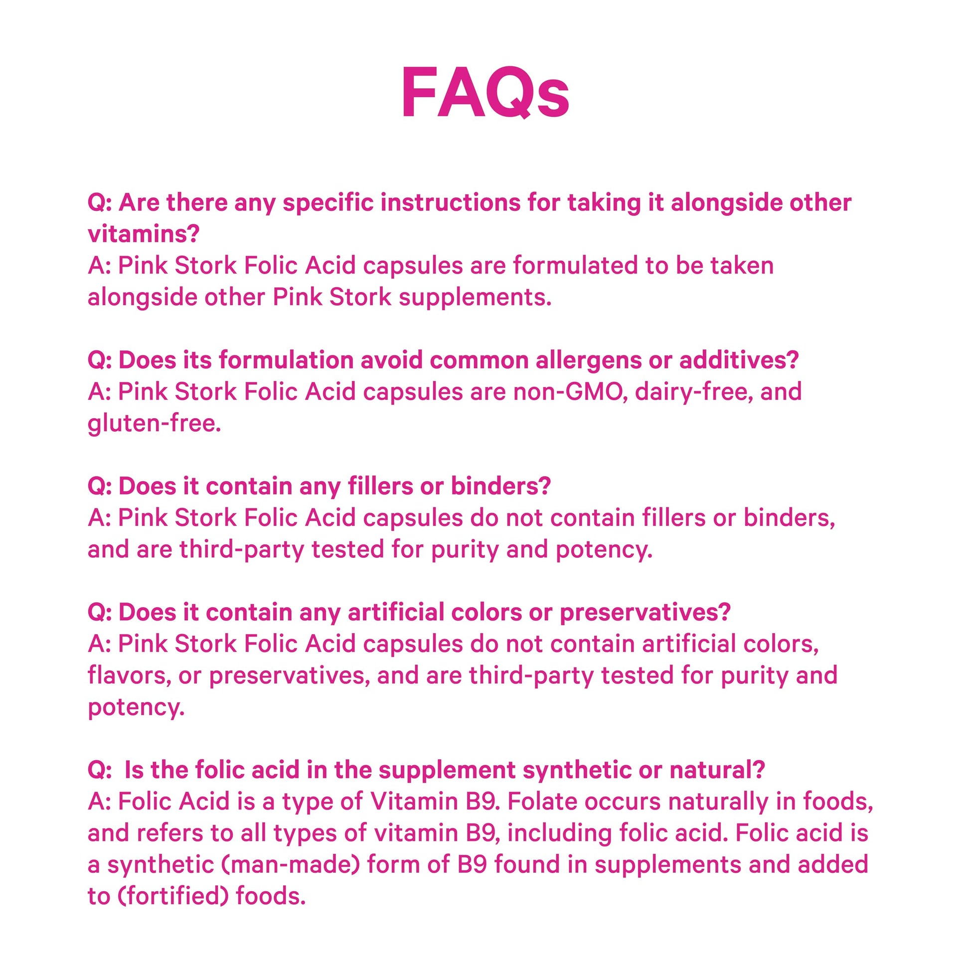 Full packaging view of Pink Stork Folic Acid showing thirty clean label vegetarian capsules for women.
