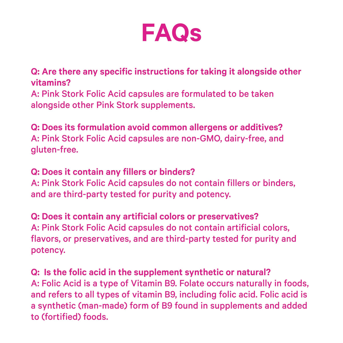 Full packaging view of Pink Stork Folic Acid showing thirty clean label vegetarian capsules for women.