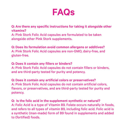 Full packaging view of Pink Stork Folic Acid showing thirty clean label vegetarian capsules for women.