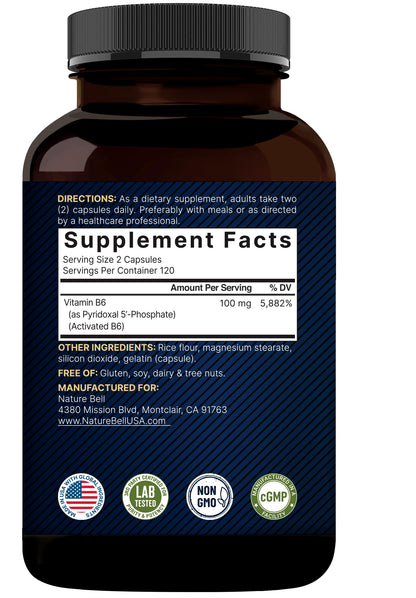 Close up of NatureBell Pyridoxal 5 Phosphate text demonstrating bioavailable coenzyme ingredients