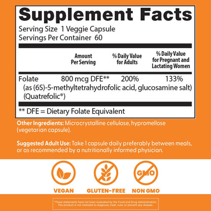 Doctor's Best non-GMO vegan active folate capsules for neurological health