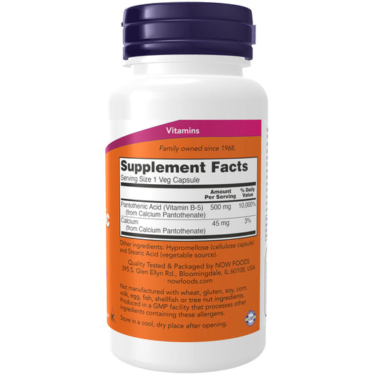 Now Foods Vitamin B5 supplement facts label showing 500mg dosage