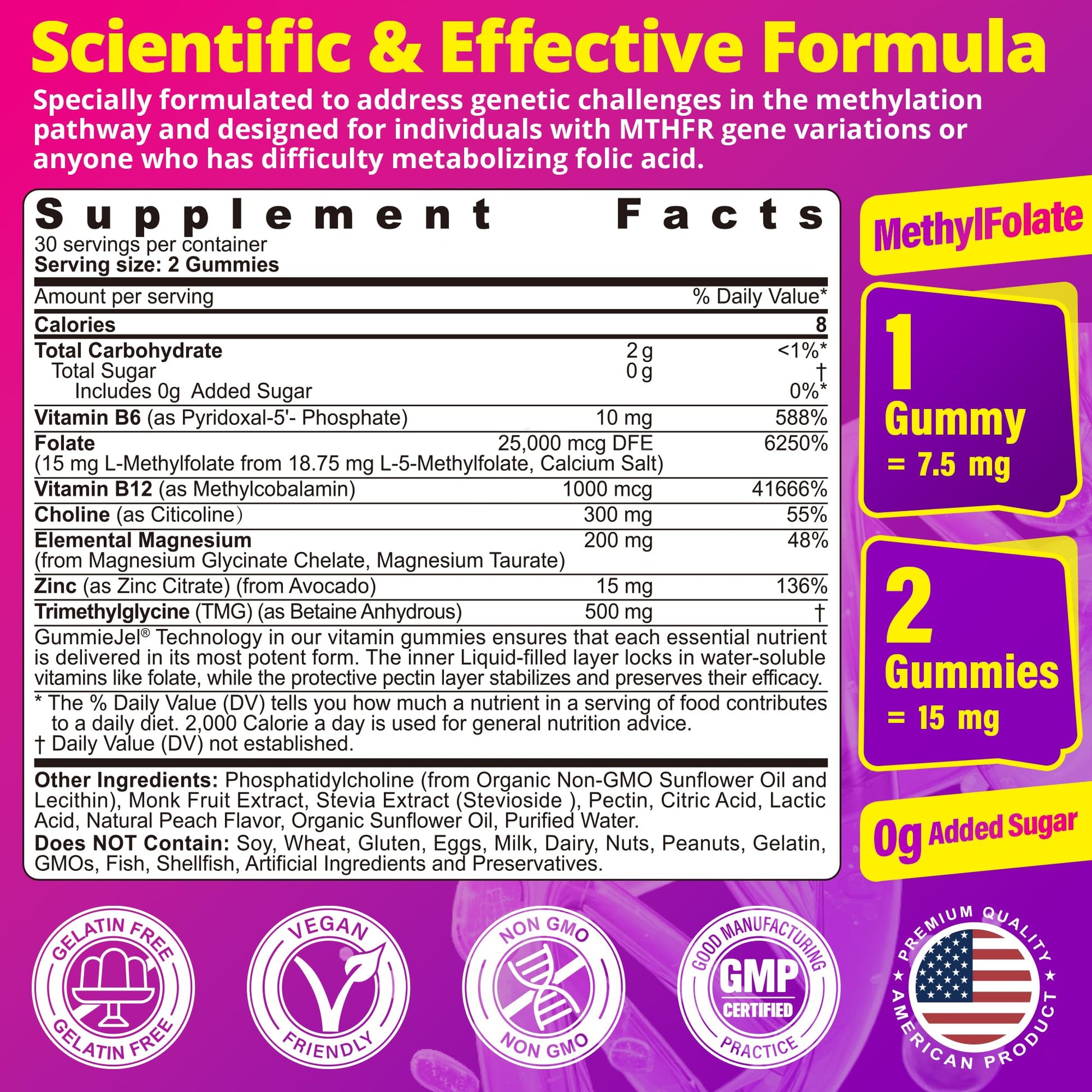 LILICARE methylated B complex supplement peach flavor nutrition facts label