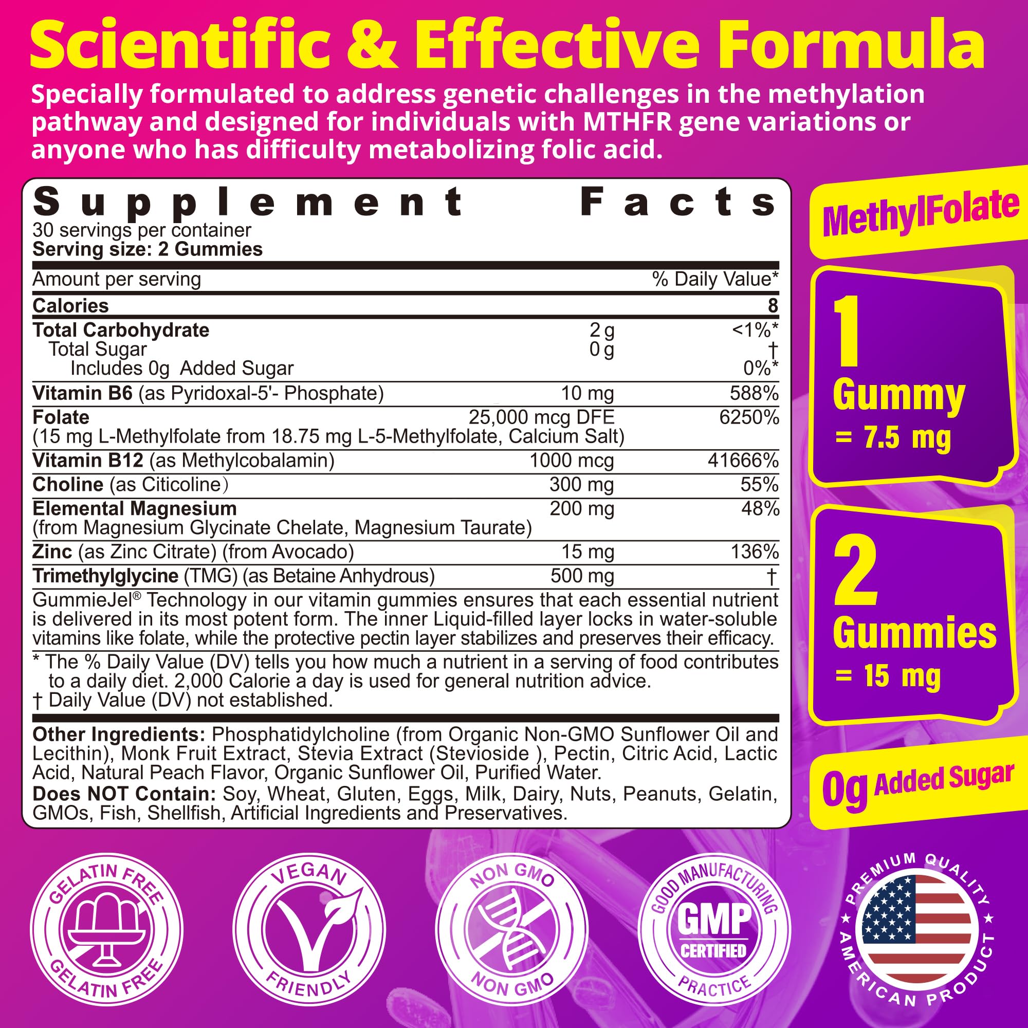 LILICARE methylated B complex supplement peach flavor nutrition facts label