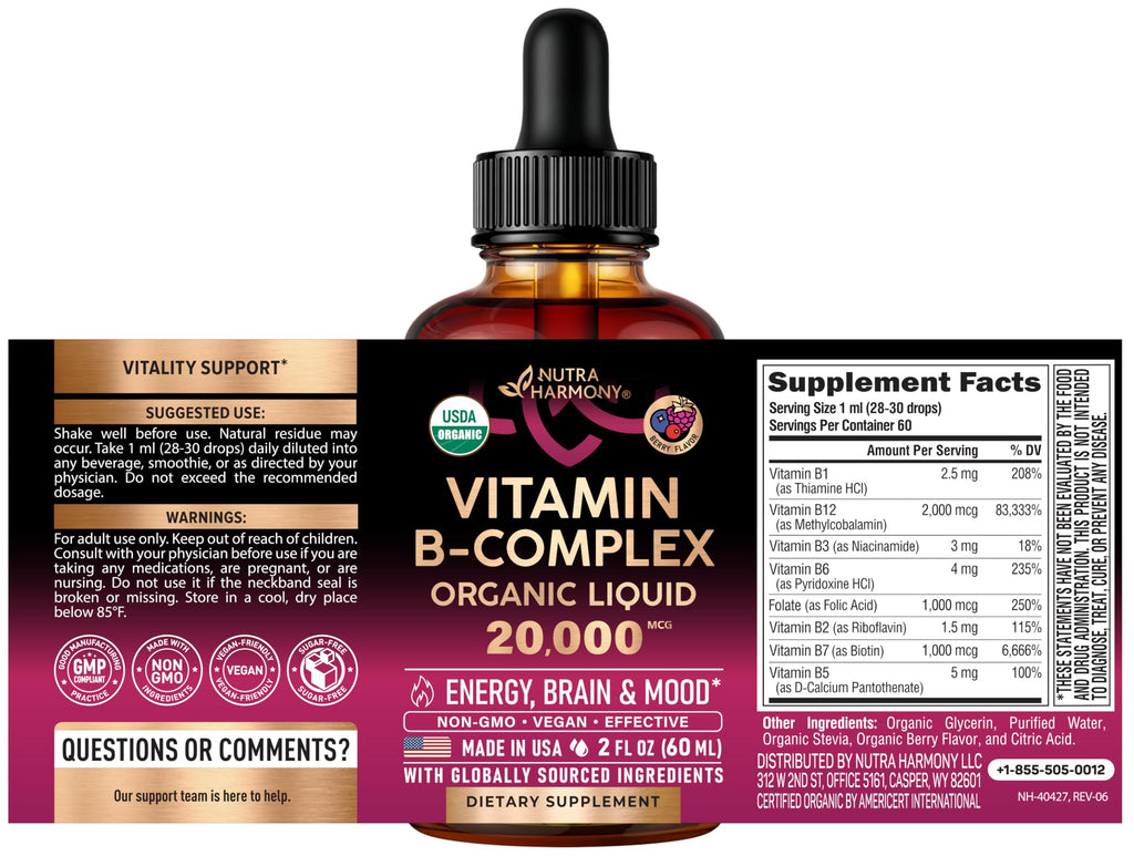 Nutraharmony liquid vitamin bottle showing supplement facts label
