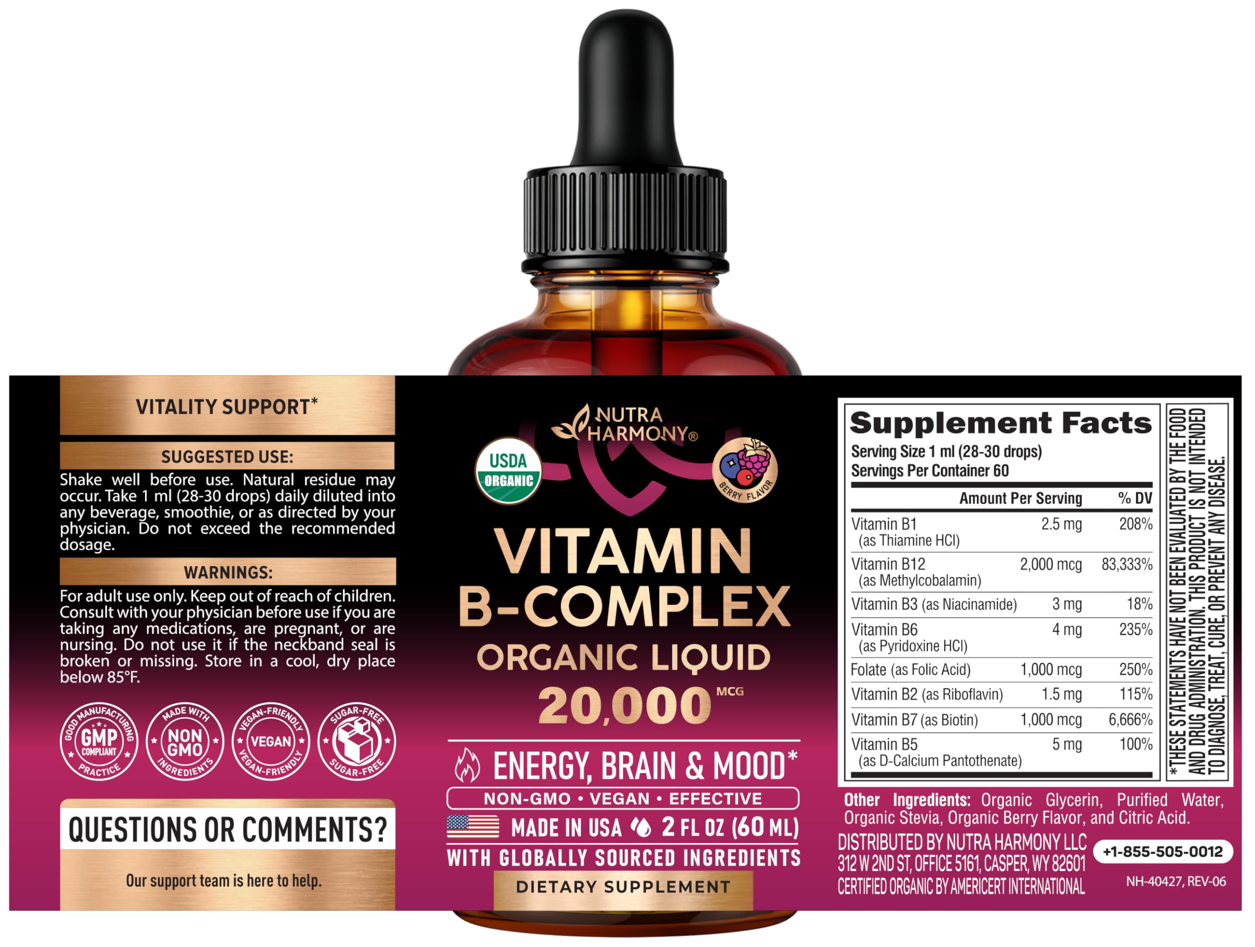 Nutraharmony liquid vitamin bottle showing supplement facts label