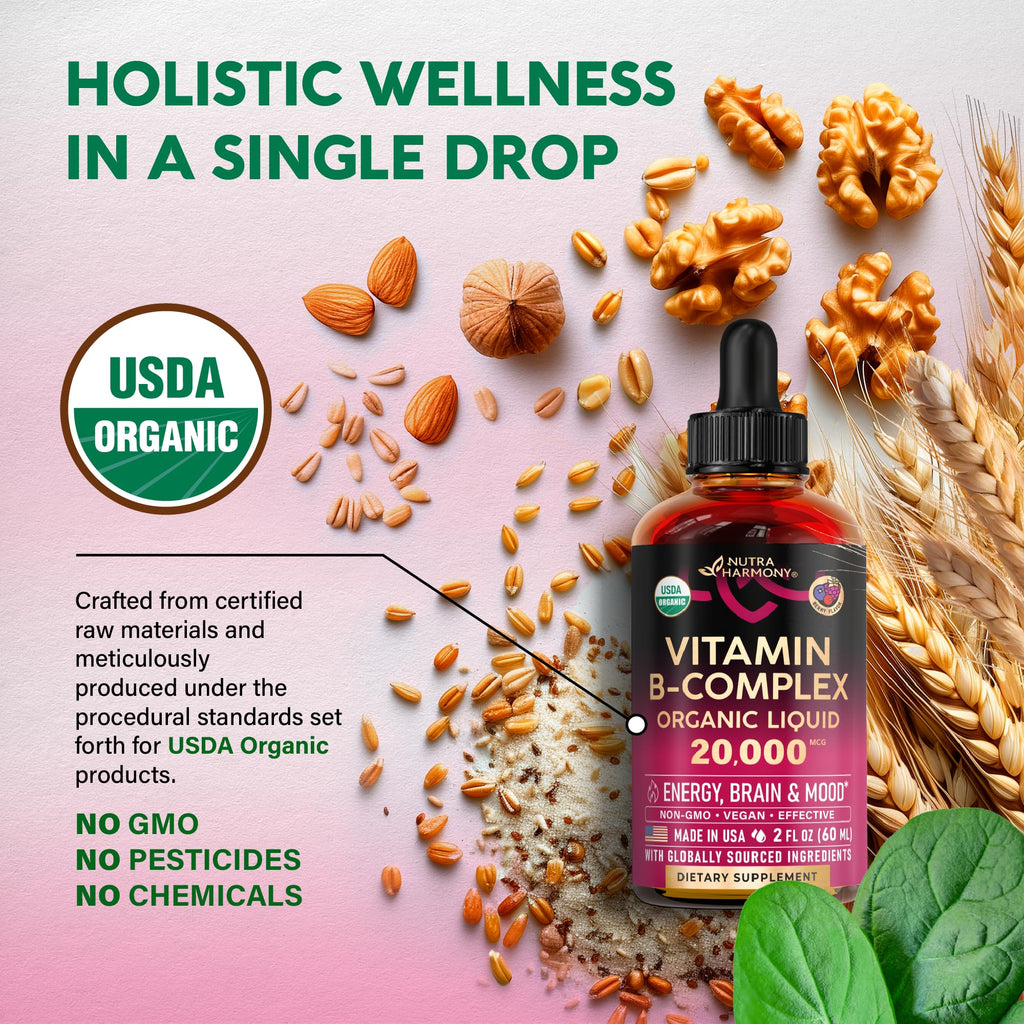 Nutraharmony organic B vitamin packaging showing USDA seal