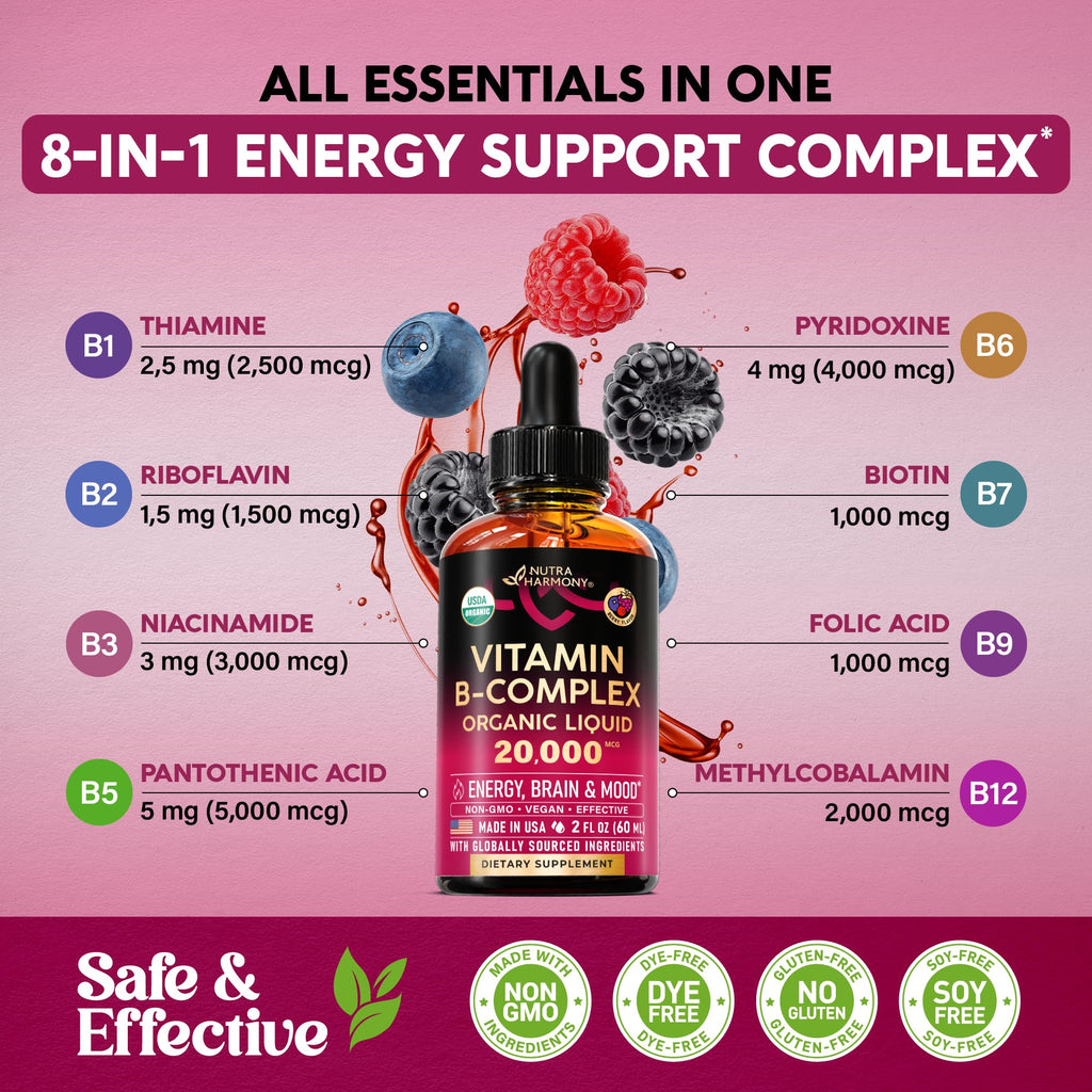 Nutraharmony vitamin B complex bottle next to a glass of water