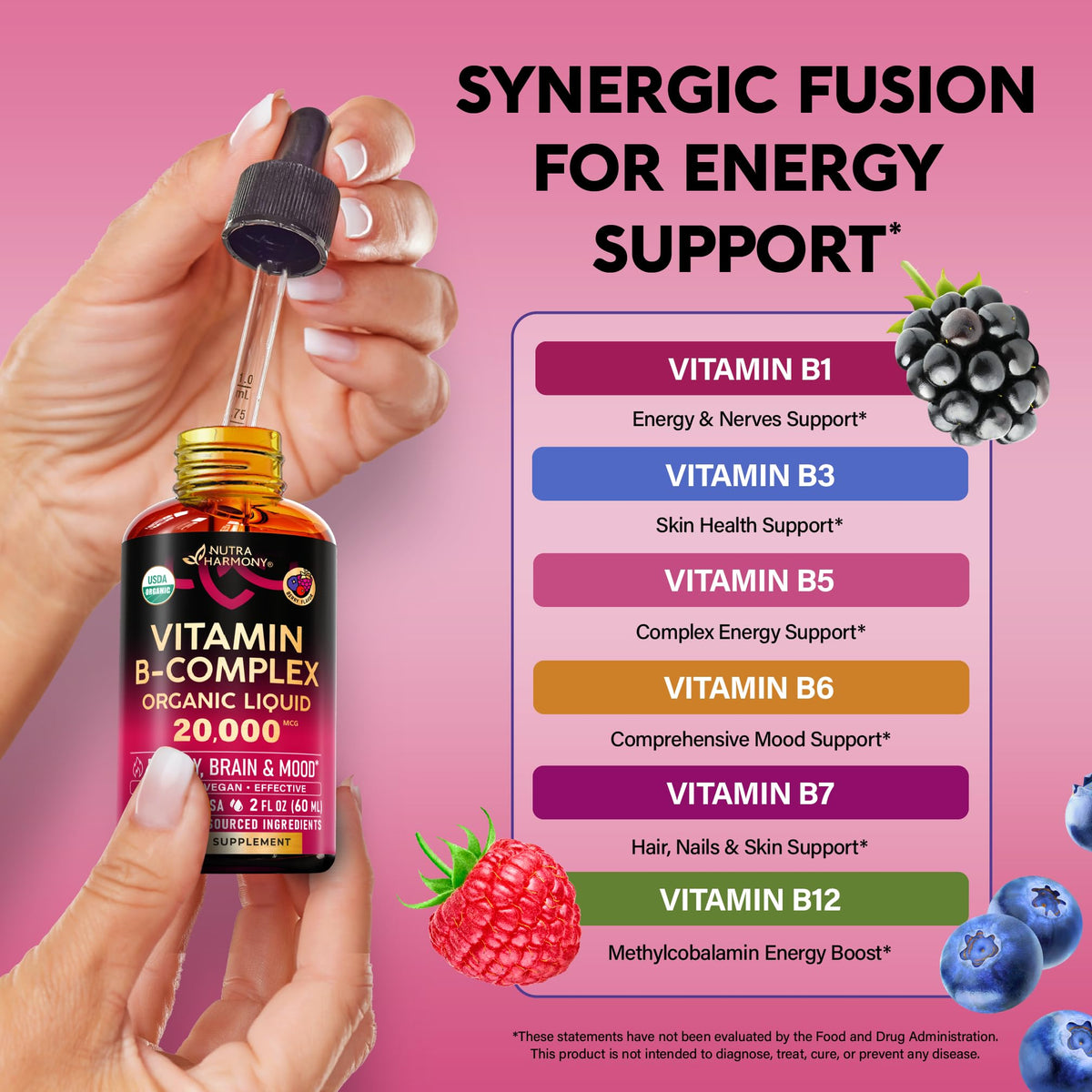 Side view of Nutraharmony B complex liquid supplement bottle