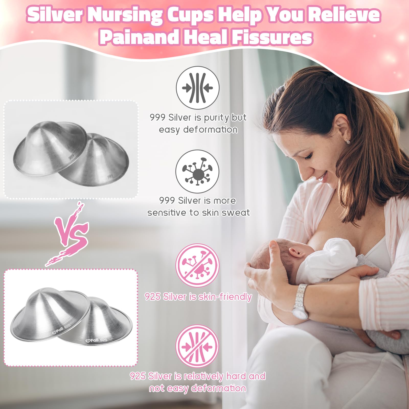 Hands holding Fati silver nursing cups to show size and texture