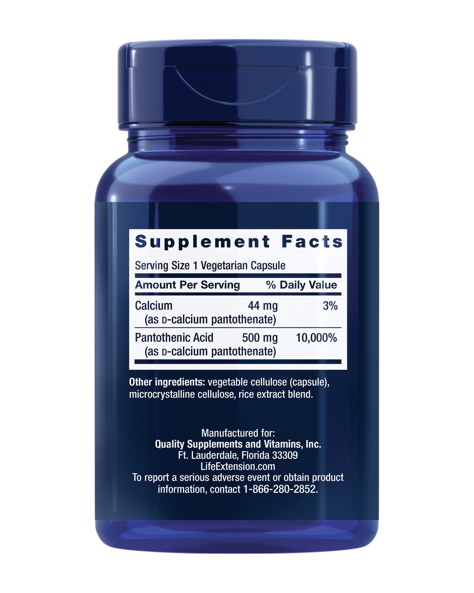 Life Extension Vitamin B5 100 capsules supplement facts label