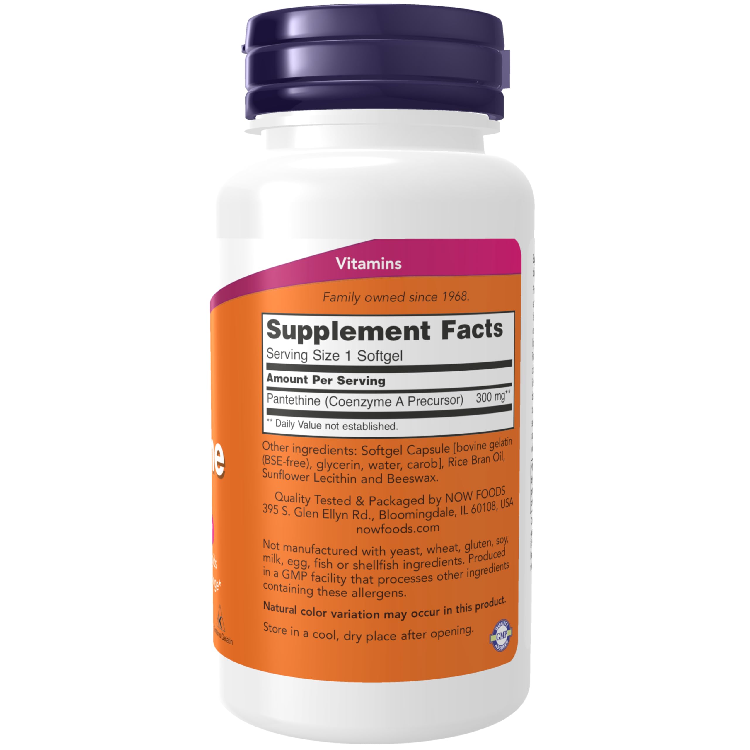 NOW Foods Pantethine coenzyme A precursor supplement nutritional facts panel.