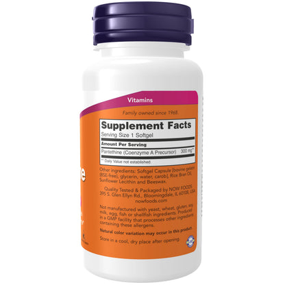 NOW Foods Pantethine coenzyme A precursor supplement nutritional facts panel.
