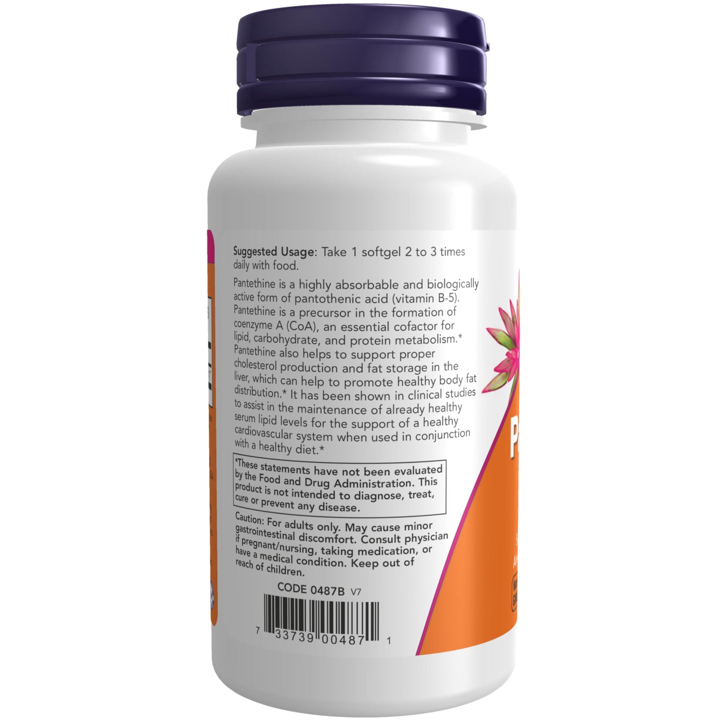 Side view of NOW Foods Vitamin B5 derivative softgels container.