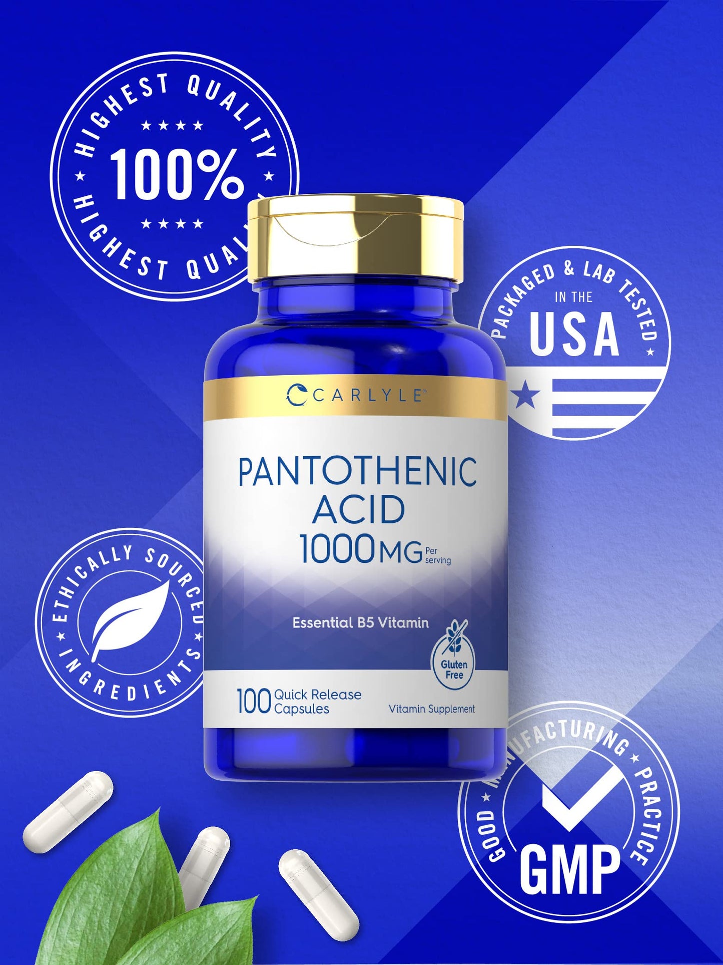 Close up of Carlyle Pantothenic Acid 100 capsules packaging