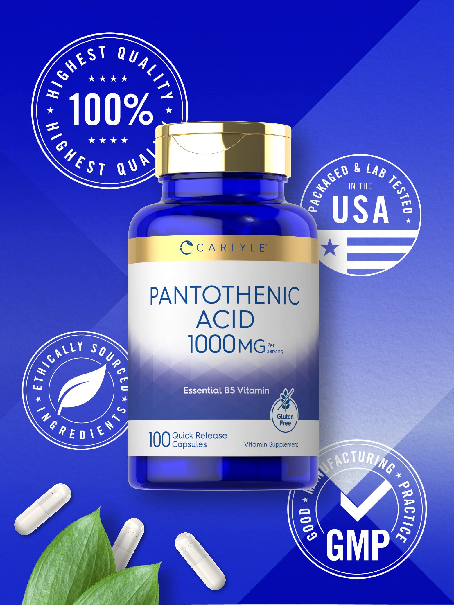 Close up of Carlyle Pantothenic Acid 100 capsules packaging