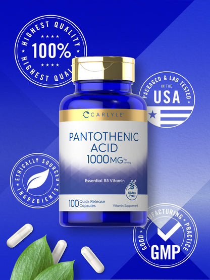 Close up of Carlyle Pantothenic Acid 100 capsules packaging