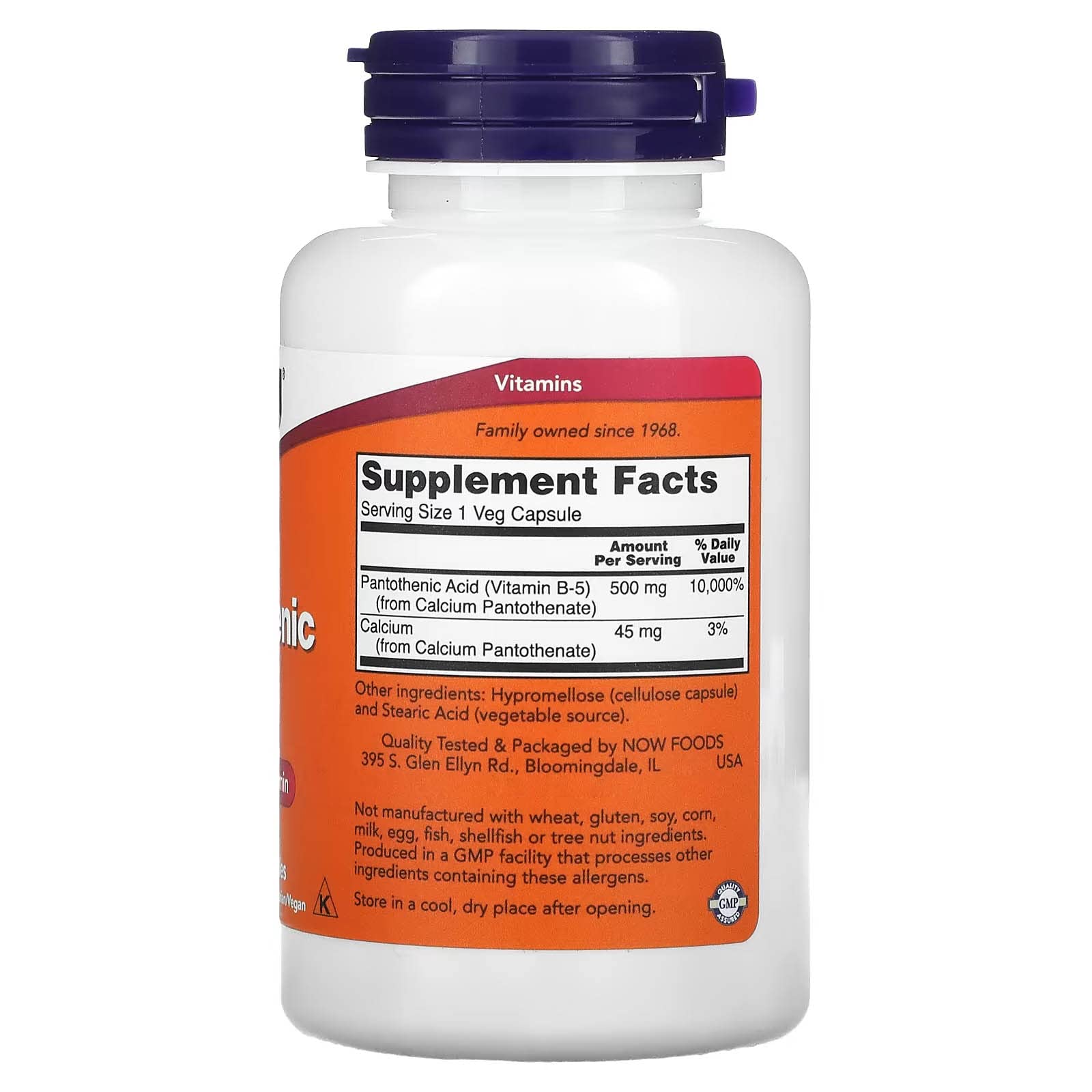 Now Foods Vitamin B5 500mg capsules label nutrition facts