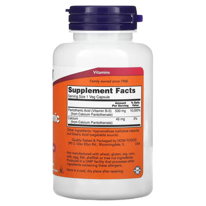 Now Foods Vitamin B5 500mg capsules label nutrition facts
