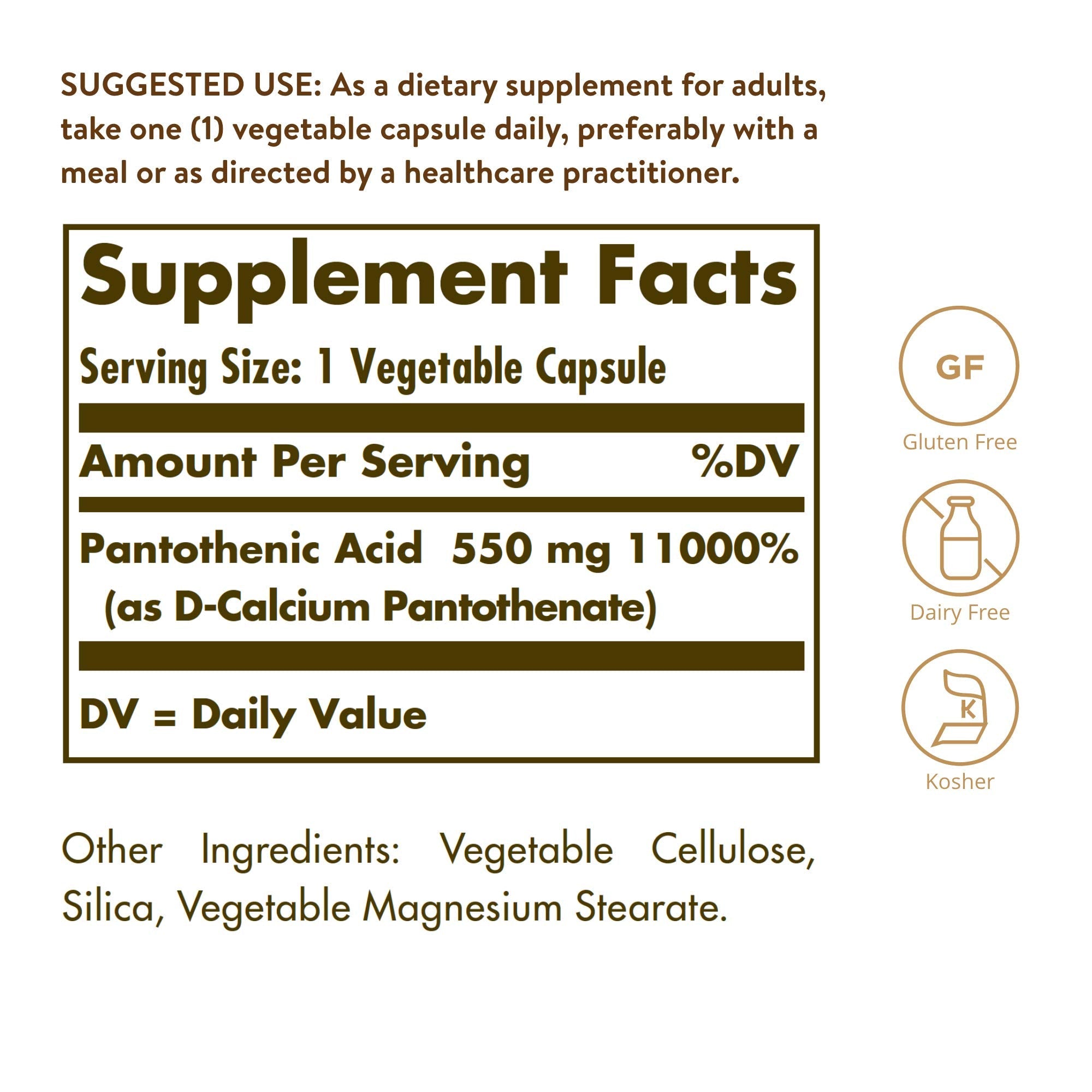 Solgar Vitamin B5 bottle supplement facts label