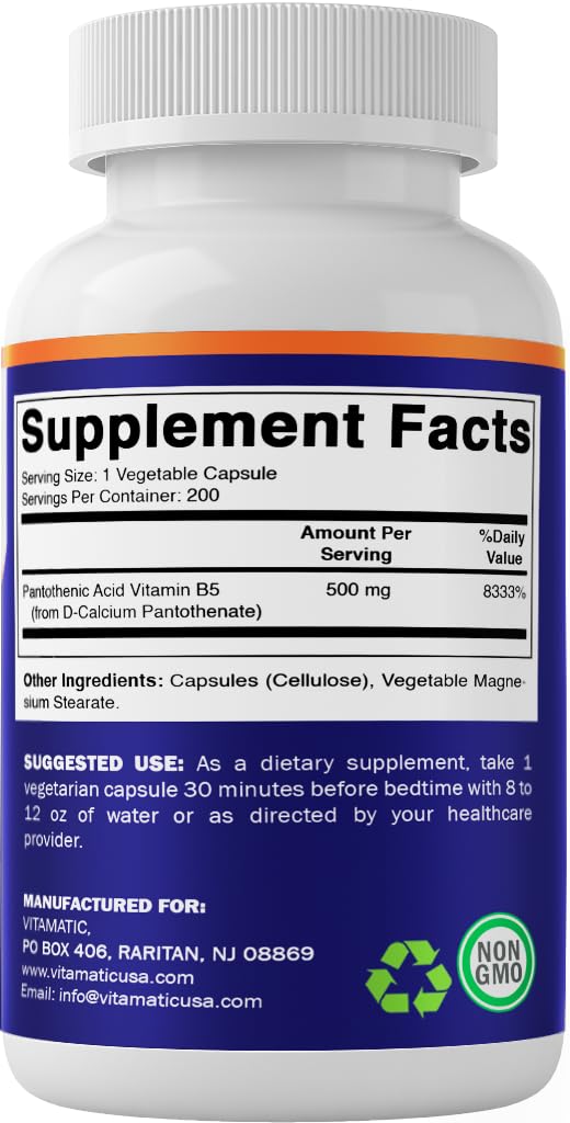Side profile of Vitamatic Pantothenic Acid 200 count bottle