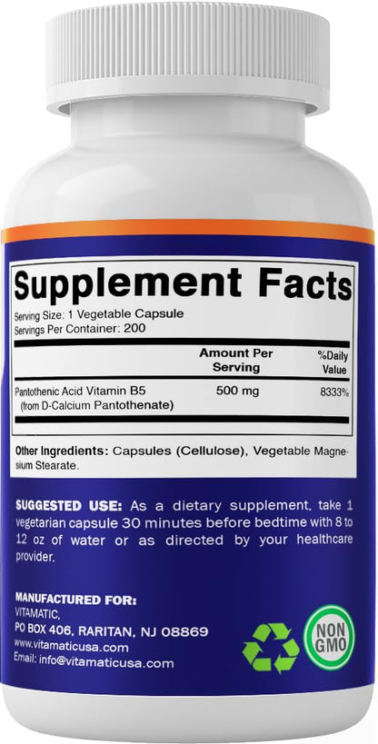 Side profile of Vitamatic Pantothenic Acid 200 count bottle